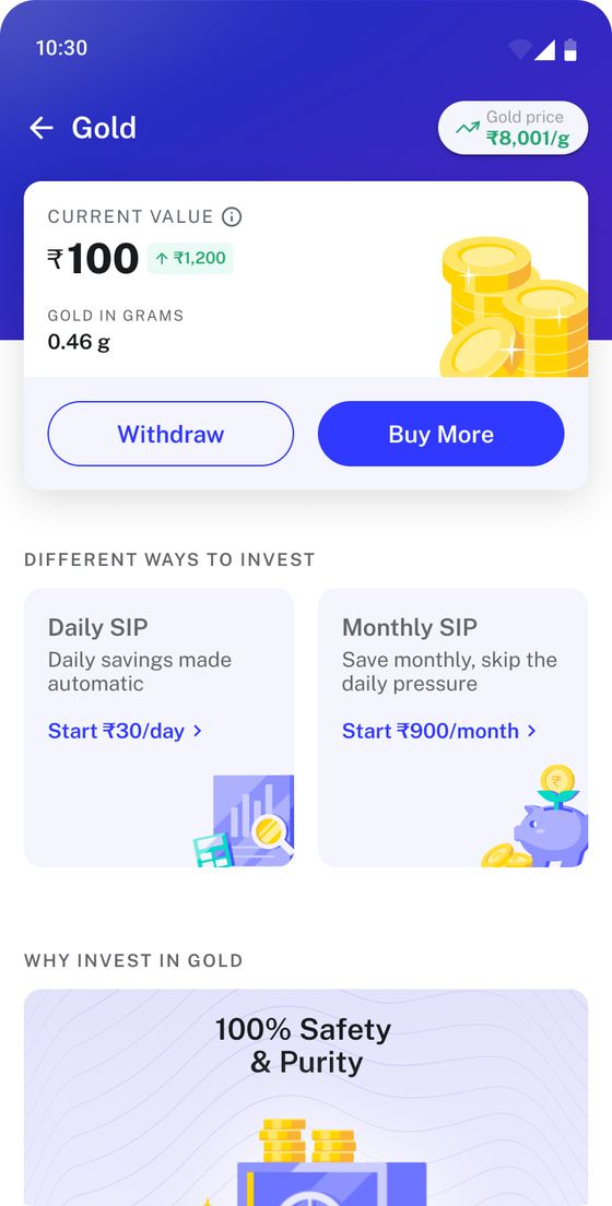Gold screen with live rate, value and grams owned